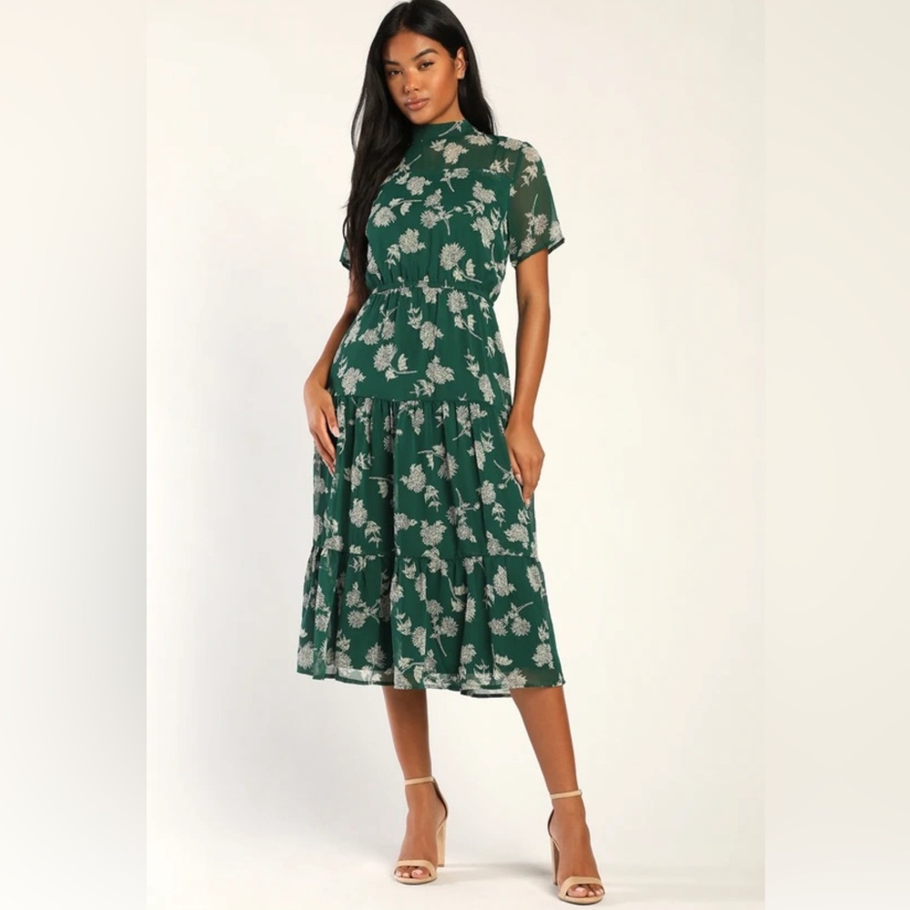 Lulu’s Floral Dressed Up Dark Green Floral Print Midi Dress